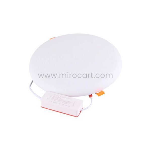 Sleek LED ceiling downlight with integrated driver and orange clips for fast installation.