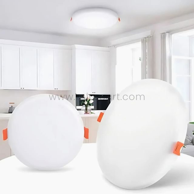 Sleek LED ceiling downlight brightening a white modern kitchen with natural light.